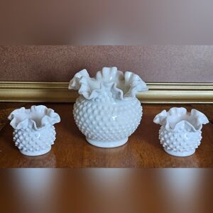 Vintage Fenton Hobnail White Milk Glass Ruffled Edge Vase Set of 3
